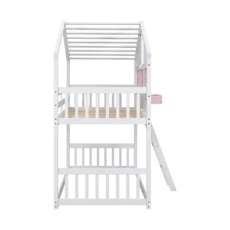 Twin Size House-Shaped Loft Bed, Wood Playhouse Loft Bed with Ladder & Guardrails for Kids