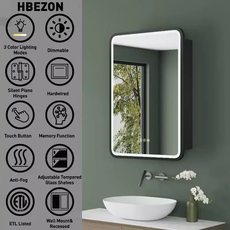 Black / White / Gold LED Medicine Cabinet, Single Door, Left or Right Hinge, Recessed or Wall-Mounted