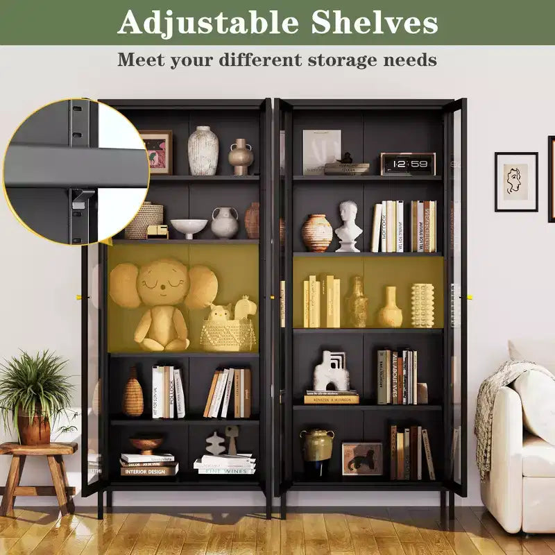 Bekrvio 67H 3-Side Glass Display Cabinet With LED Lights,5-Layer Storage with Double Doors and Metal Frame for Collectibles, Ideal for Small Spaces