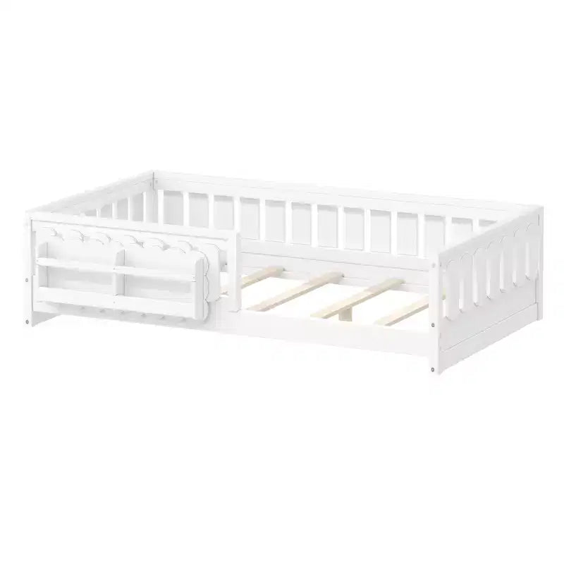 Twin and Full Size Kid Platform Bed Frame with Guardrail, Built-in Bookshelves and Storage Shelves