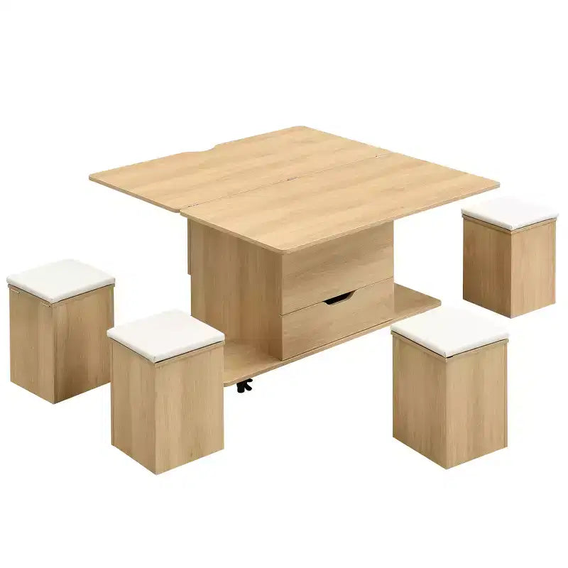 Multi-Function Modern Lift-Top Coffee Table with Hidden Storage, 4 Stools and Casters, Perfect for Modern Living Spaces