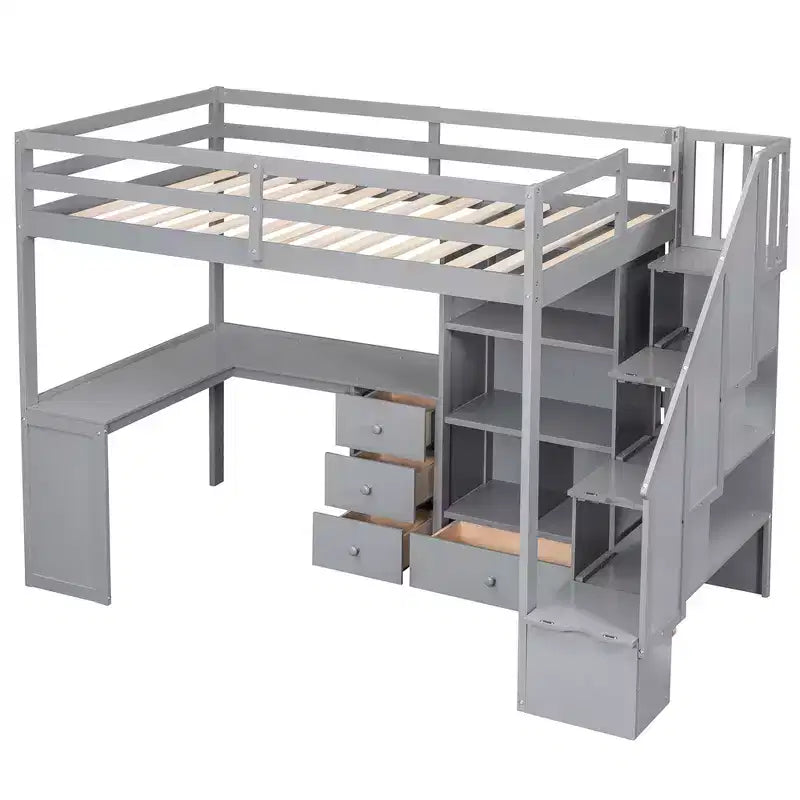 Twin Size Loft Bed with L-Shaped Desk, 3 Drawers, Cabinet, Staircase Storage, Solid Pine/MDF Build