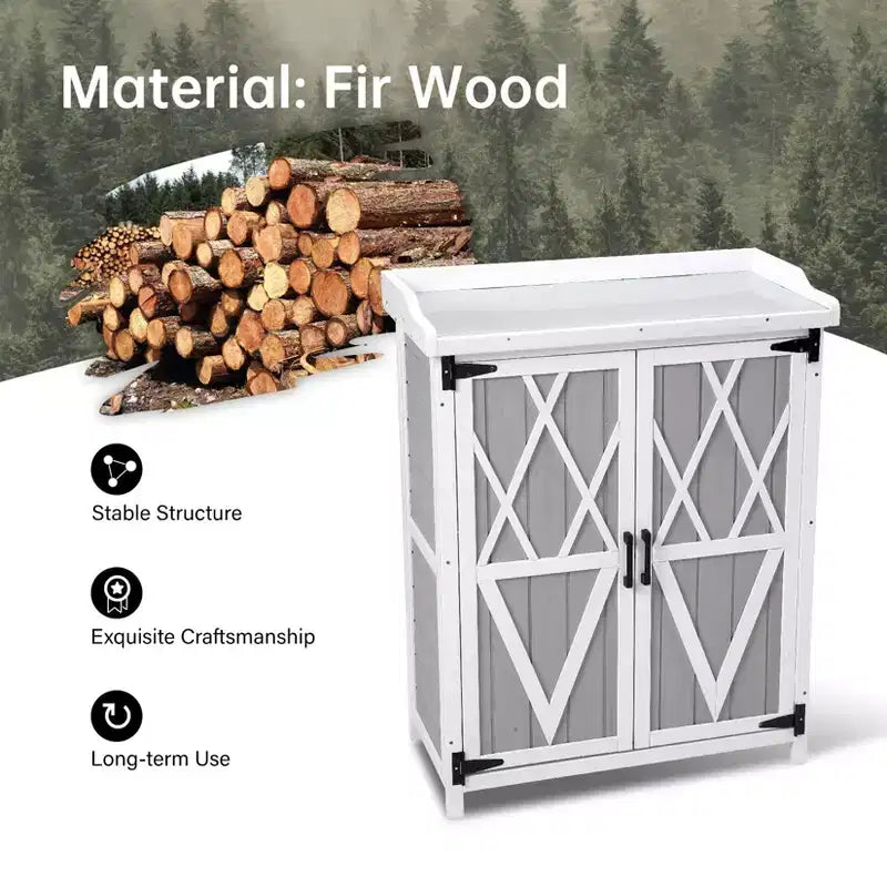 Outdoor Storage Cabinet, Potting Bench - Waterproof Wooden Garden Work Station with Galvanized Tabletop, Adjustable Shelves for Backyard/Patio/Lawn