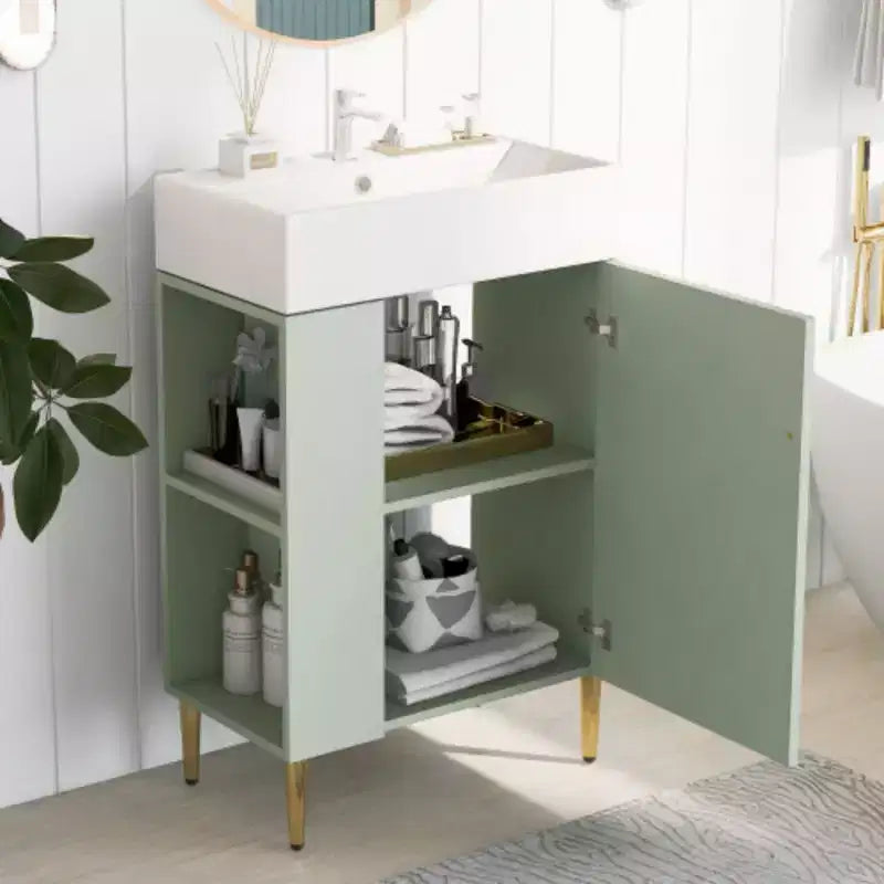 21.6 white Bathroom vanity, Combo Cabinet, Bathroom Storage Cabinet, Single Ceramic Sink, Left side storage