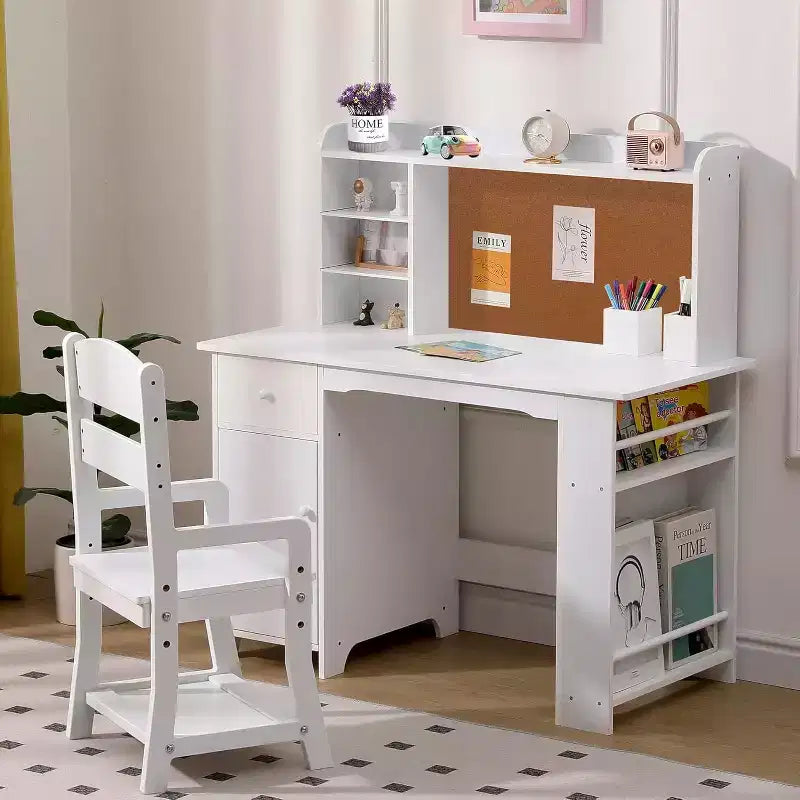 Kids Desk, Study Desk and Chair Set for Boys and Girl, Wooden Kids Writing Table with Bookshelf, Bulletin Board, Cabinet and Drawer for Ages 3-8