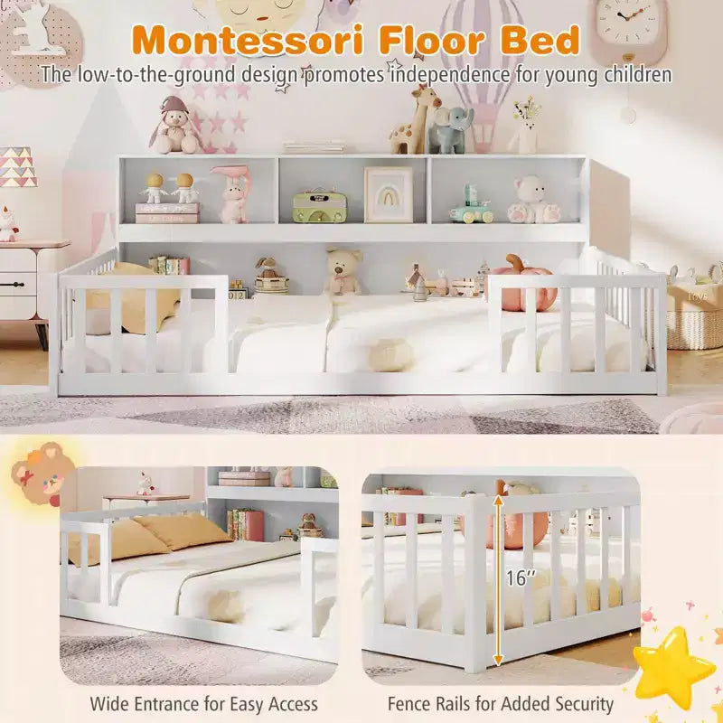 Twin/Full Size Montessori Floor Bed with Bookcase Storage Shelves & Safety Fence Rails White/Gray