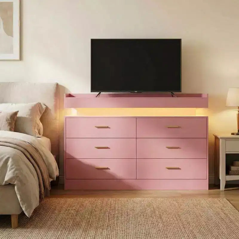 Modern TV Stand with 6 Drawers & LED Lights, Floating Countertop Coffee Bar for Living Room Entertainment Center