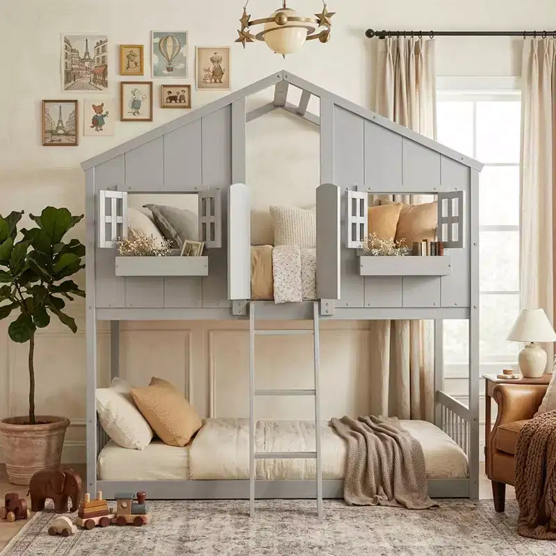 Twin Size House-Shaped Loft Bed, Wood Playhouse Loft Bed with Ladder & Guardrails for Kids