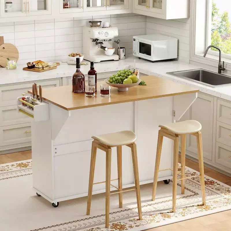 55 Mobile Island Table with Power Outlet & Drop Leaf, Kitchen Rolling Island Kitchen Island Cart with Trash Storage Cabinet for Kitchen