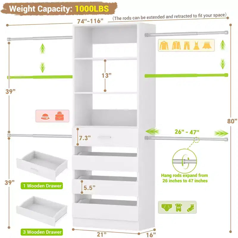 Besiost 4-9 Ft Wooden Closet Organizer System with 4 Drawers, 4 Hanging Rods & Shelving Towers