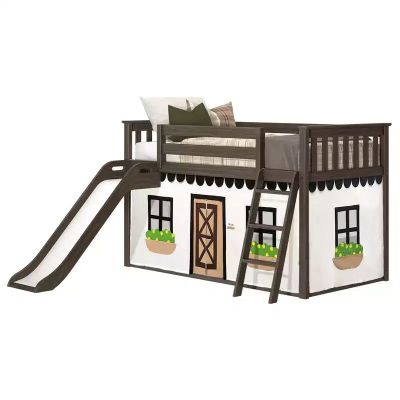 Twin Over Twin Low Bunk With Easy Slide & Black & White Farmhouse Curtain