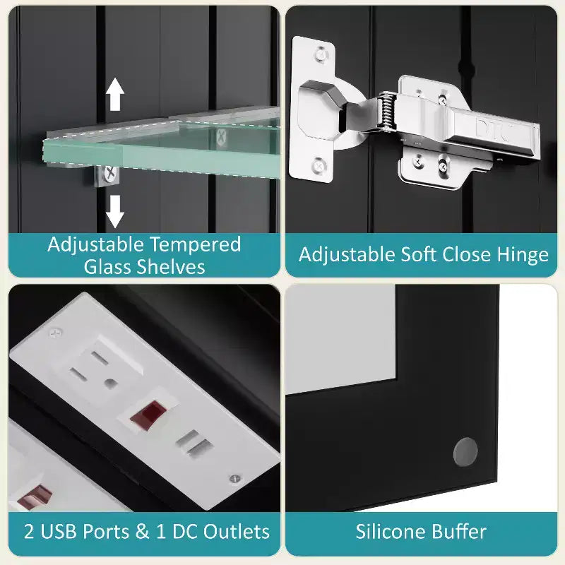 Armoire de toilette avec miroir LED, montage en saillie ou encastré, lumière dimmable, anti-buée, étagères réglables