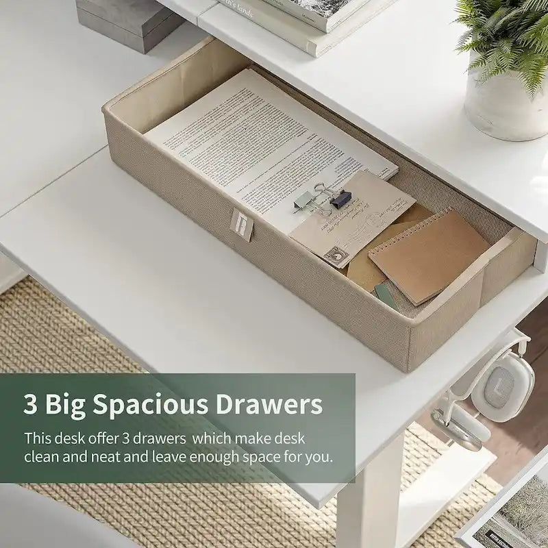 L-Shaped Electric Standing Desk with 3 Drawers & Lockable Casters, 63
