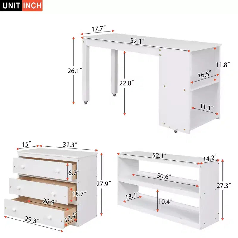 Full Size Low Loft Bed with Rolling Desk, 3 Drawers and Shelves