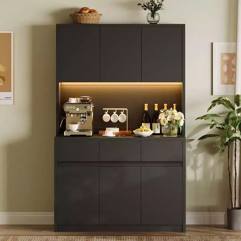 Armoire de cuisine de 71 pouces, vaisselier avec lumières LED et prises de courant, buffet avec support pour micro-ondes, étagères réglables