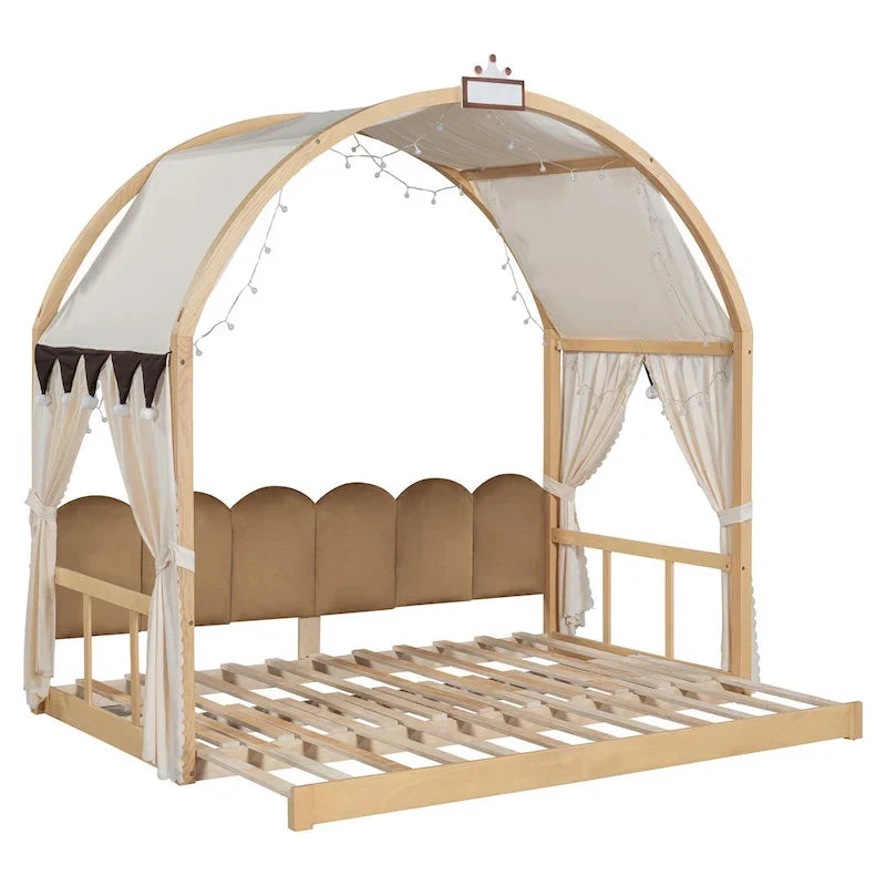 Solid Wood Playhouse Platform Bed Floor Montessori Bed Frame with Arched Roof and Trundle for Girls and Boys