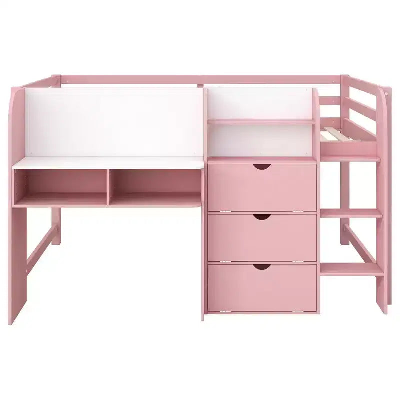 Pink/White Low Loft Bed with Desk, Storage & Whiteboard – Twin, 1-Person