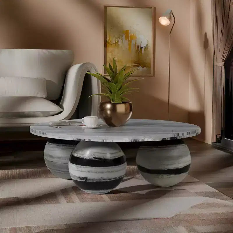 Round Marble Coffee Table with Sphere Legs, Multicolor, Seats 4鈥?