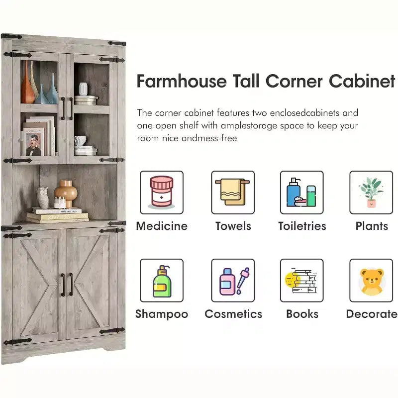 69 Tall Corner Cabinet, Farmhouse Corner Storage Cabinet, Space Saving Storage, Glass Door, Adjustable Shelves, for Living Room, Kitchen