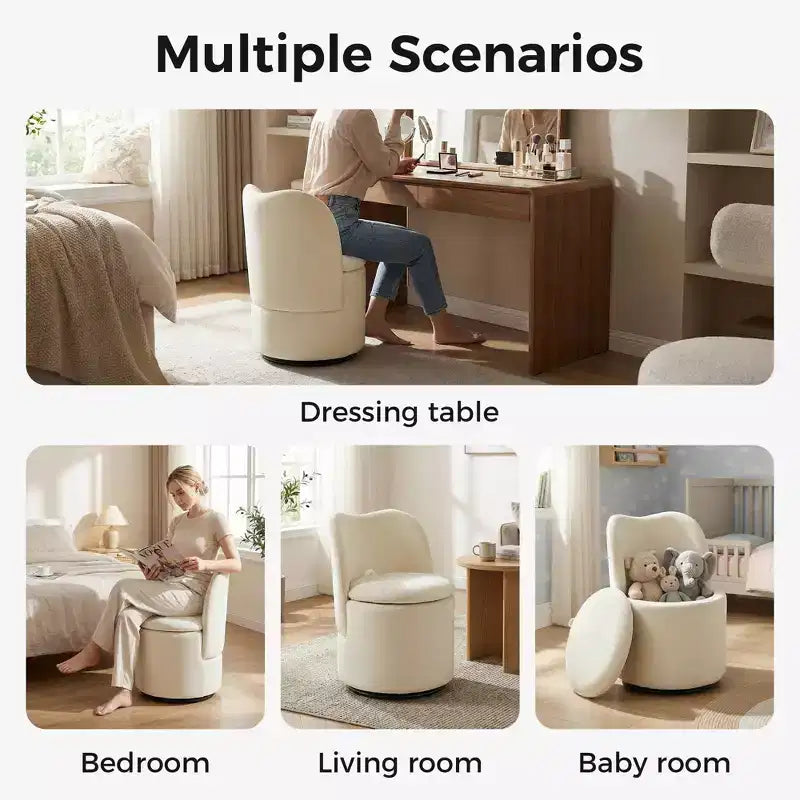 Swivel Vanity Chair with Storage, Upholstered Round Makeup Stool with Back, Soft Padded Barrel Accent Armchair for Bedroom & Living Room