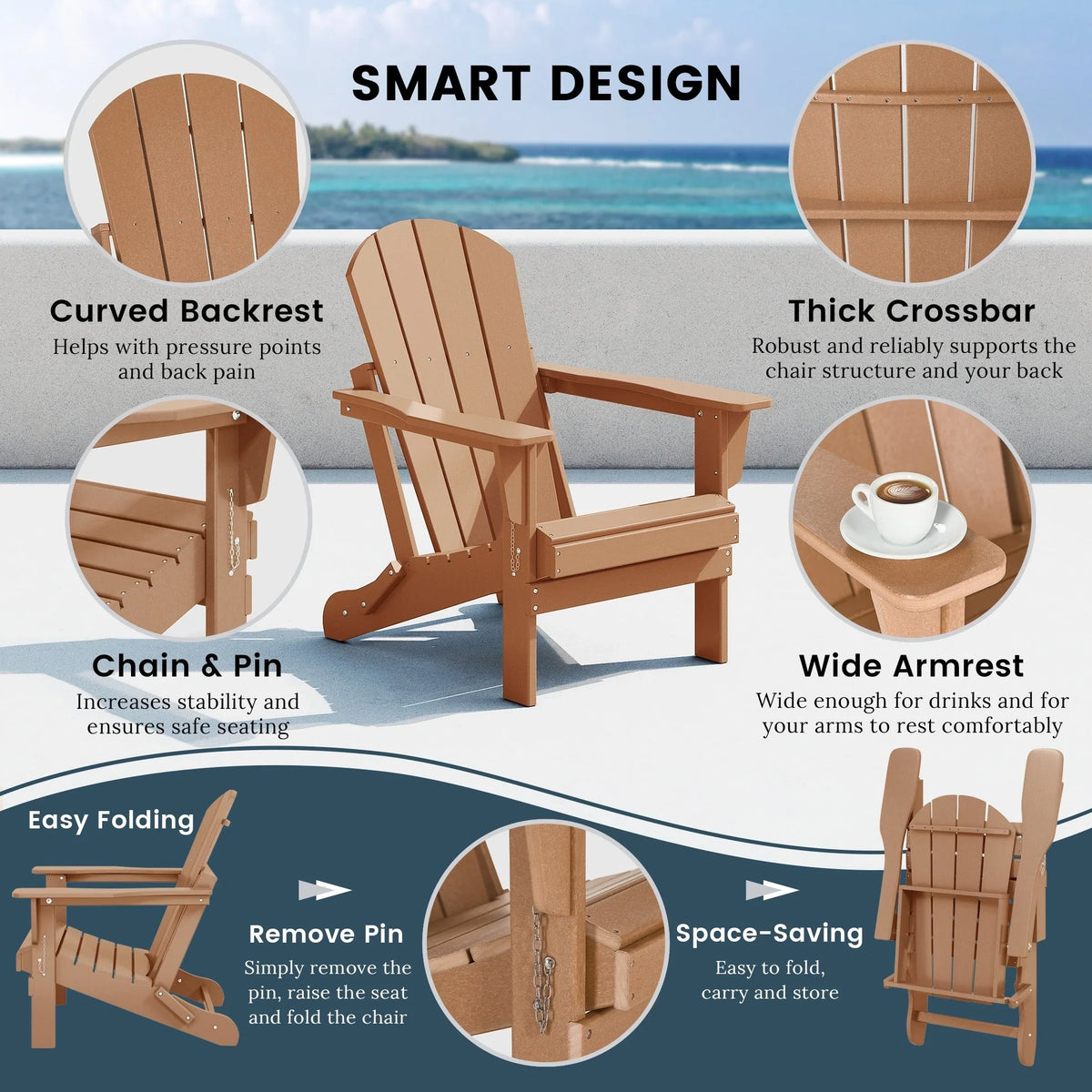 Polytrends Laguna Fade Resistant All Weather Outdoor Patio Folding Adirondack Chair
