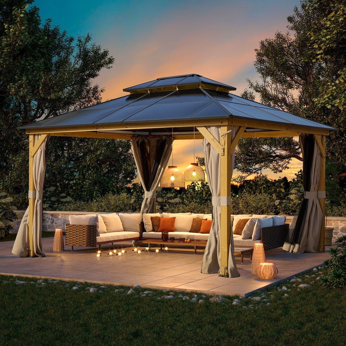 EROMMY Hardtop Gazebo,Outdoor Pergola with Double Roof & Netting & Curtains,Heavy Duty Canopy for Patio, Backyard, Pool party