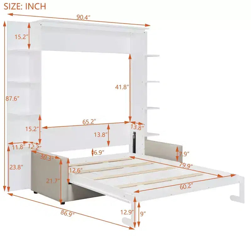 Whisen Modern Design Wood Frame Queen Size Murphy Bed Wall Bed with Sofa and Shelves