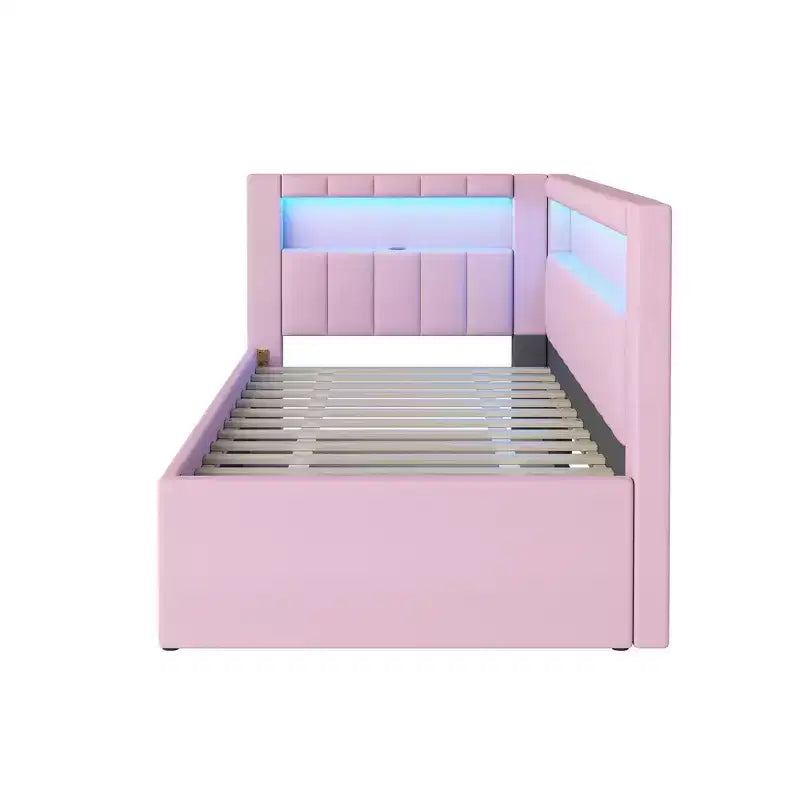 Lit de repos double/complet avec tiroir gigogne et tête de lit bibliothèque en L, lit d'angle doux rembourré en lin avec étagères de rangement et bande LED