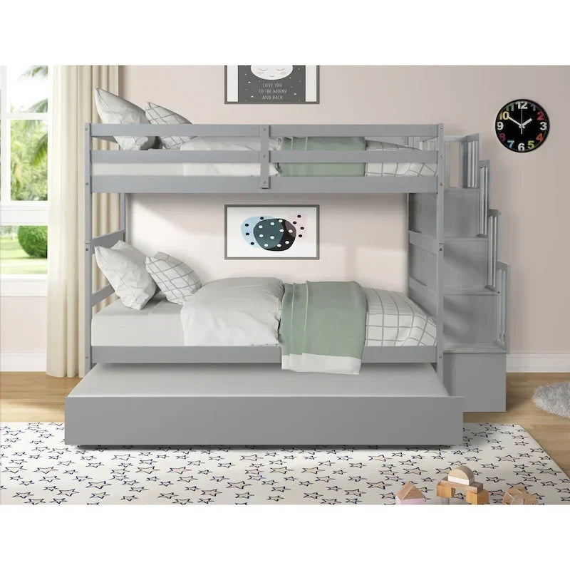 Twin over Twin Bunk Beds With Twin Trundle and Stairway Storage Function in Grey Color