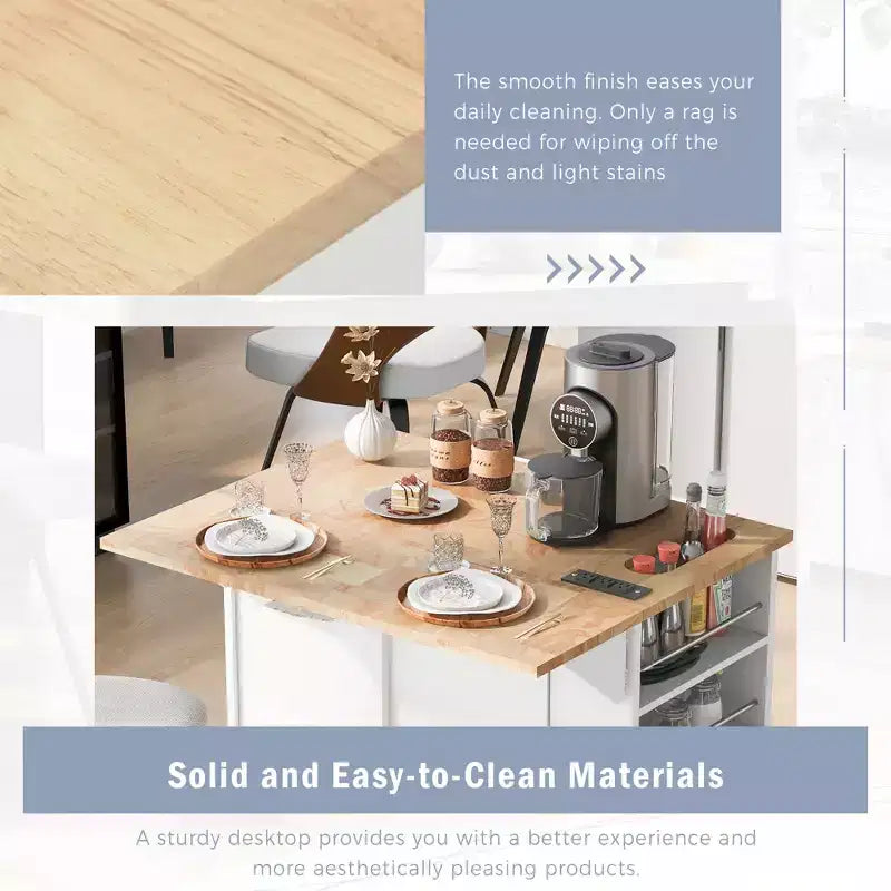 Movable Kitchen Island with Power Outlet, Drop Leaf and Rubber Wood Top