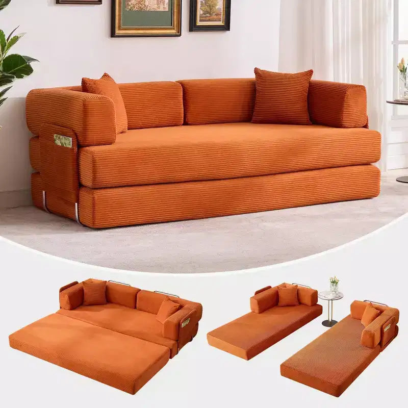 Sleeper Sofa Bed, 78.8 5-in-1 Folding Mattress Couch/Loveseat, Fixed-Shape Steel Frame, Corduroy with Pillows