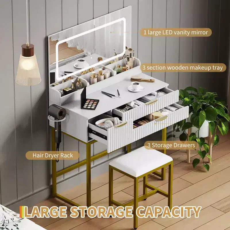 Vanity Desk with Mirror and Lights, LED Lighted Mirror Design, Ample Storage Drawers for Cosmetics and Toiletries Organization