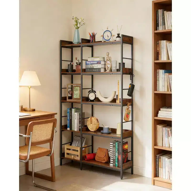 5-Tier L-Shape Corner Bookshelf  65 Industrial Wood & Metal Bookcase (Rustic Brown)  Reversible Storage for Living Room, Bedroom & Home Office