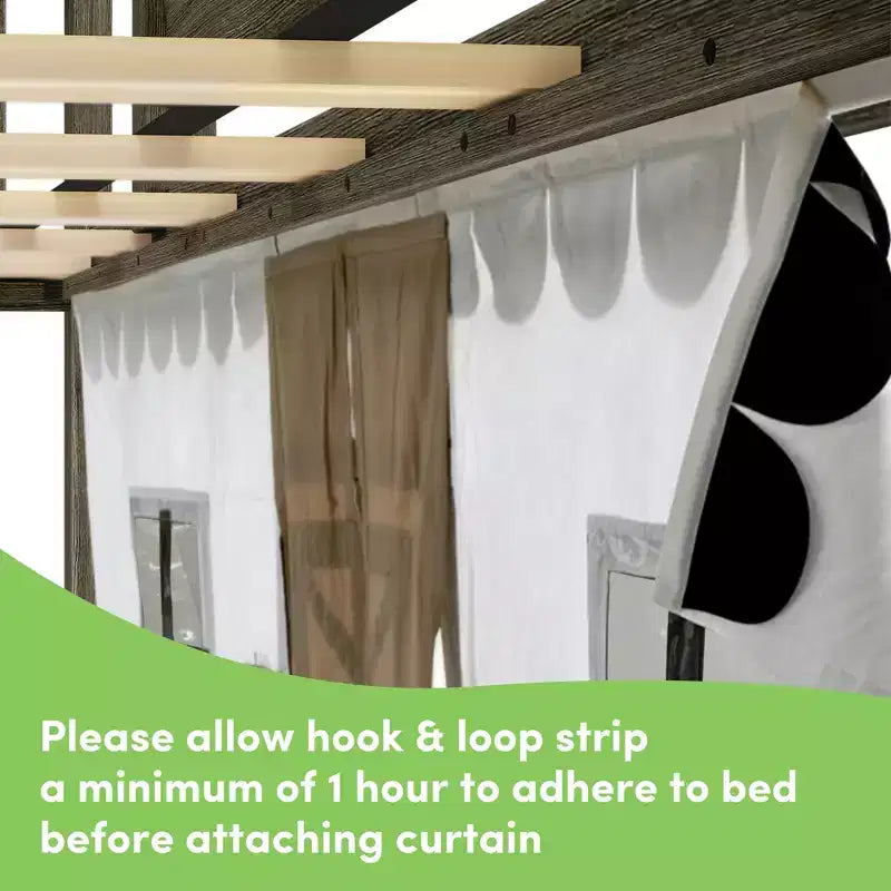 Twin Over Twin Low Bunk With Easy Slide & Black & White Farmhouse Curtain