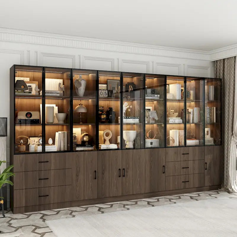 Aluminum and Glass Lighted Cabinet Customizable for Buffet/Bookshelf