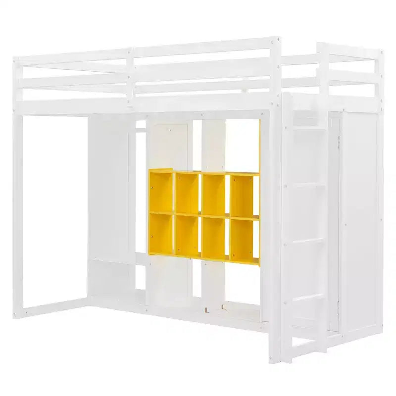 Lit mezzanine enfant avec armoire et étagères, Cadre de lit mezzanine en bois avec meuble de rangement pour enfants et adolescents