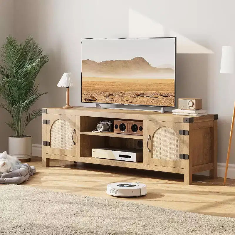65-inch Bohemian-style TV stand with wicker door - Wooden entertainment center with two cabinets and adjustable shelves, suitable for living rooms