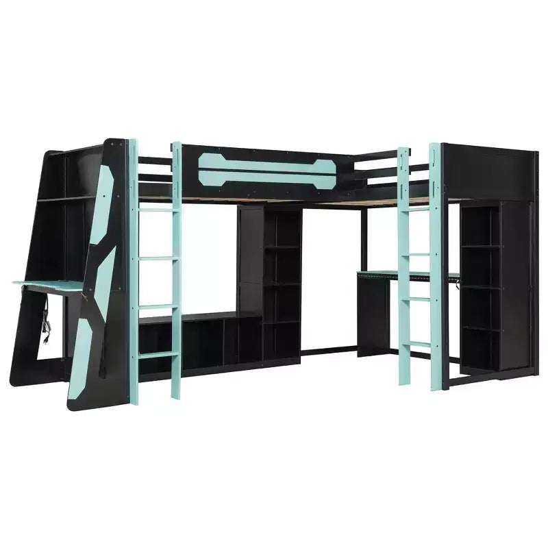 L-Shaped Gaming Loft Bed with Desks, Double Twin Loft Beds with LED Lights, USB Ports, Storage Bookshelves, Wood Corner Loft Bed for 2