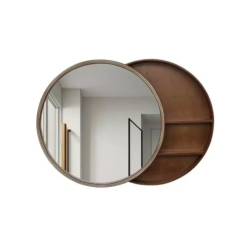 23.6 Modern Sliding Round Wall Mirror with Storage, Space-Saving Vanity Mirror for Bathroom, Accent Mirror for Living Room