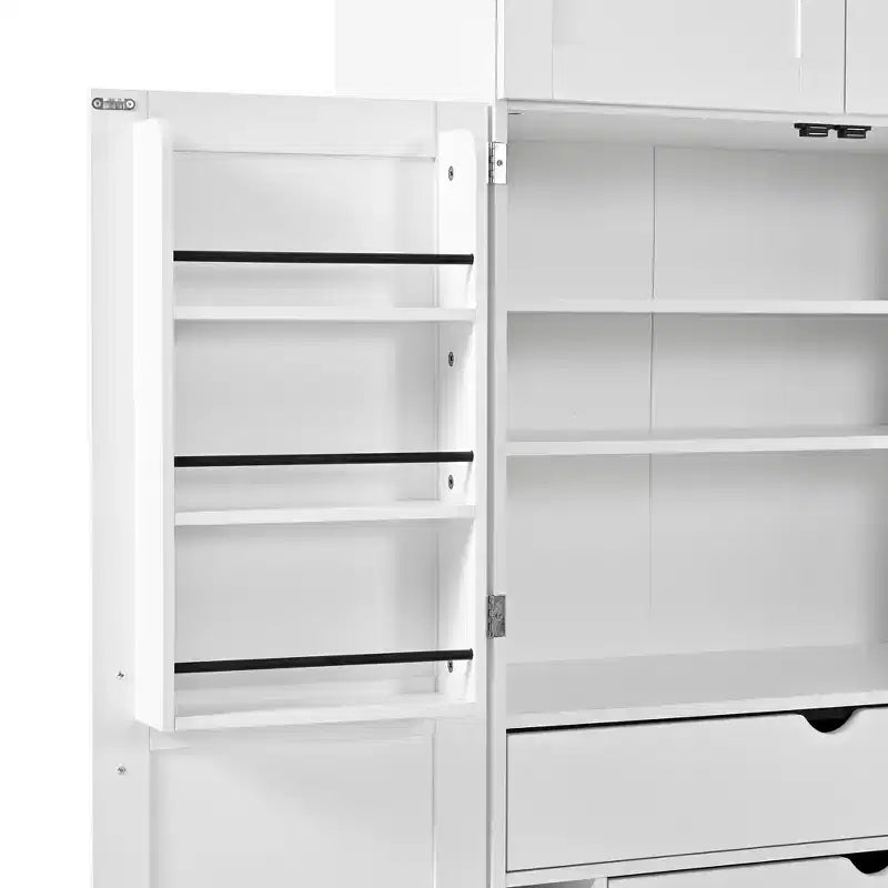 77H Freestanding Kitchen Pantry, Farmhouse Storage Cabinet with Adjustable Shelves, Door Shelves, Drawers & Wine Racks - ModernLuxe