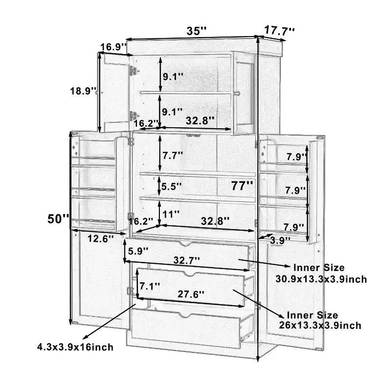 77H Freestanding Kitchen Pantry, Farmhouse Storage Cabinet with Adjustable Shelves, Door Shelves, Drawers & Wine Racks - ModernLuxe