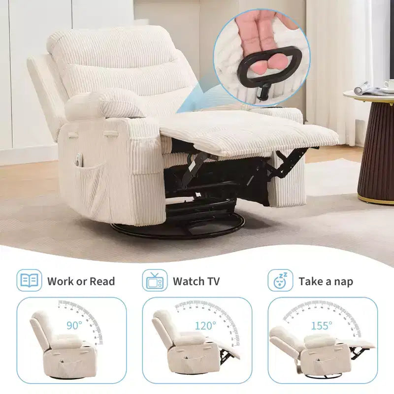 Fauteuil Inclinable Pivotant avec Massage et Chaleur, Fauteuil à Bascule 360° avec Porte-Gobelets et Poches Latérales, Canapé Ergonomique pour Salon, Camping-car, Chambre de Bébé