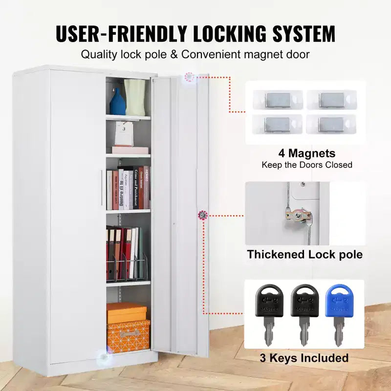VEVOR Metal Storage Cabinet, Steel Locking Storage Cabinet with 2 Magnetic Doors and 4 Adjustable Shelves,71'' Metal Cabinet 200 lbs Capacity, White