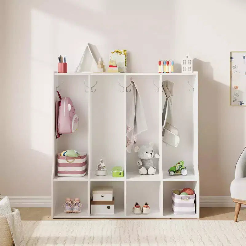 Brown/White 4-Section Cubby Locker with 8 Hooks, for Kids