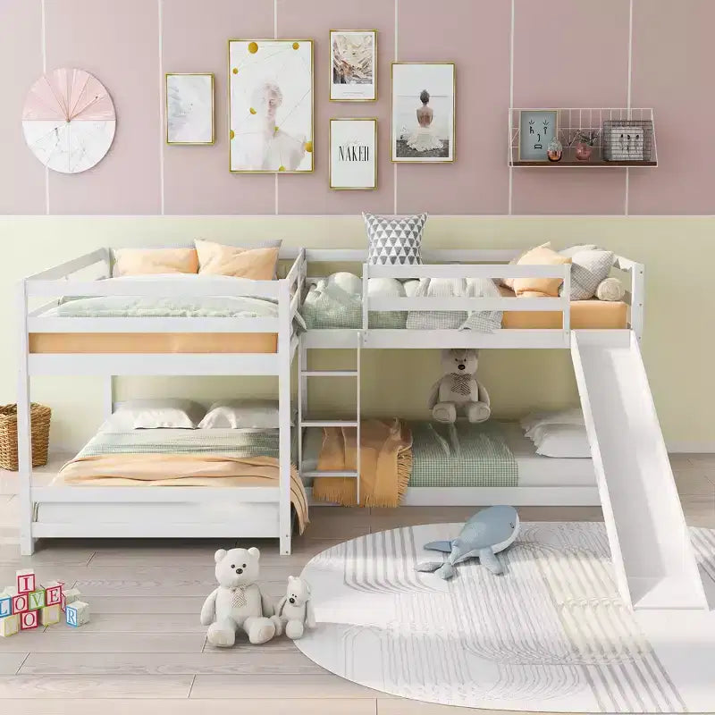 L Shaped Bunk Bed for 4 Kids, Quad Bunk Bed with Slide Full and Twin Wood Bunk Frame for Bedroom Dorm