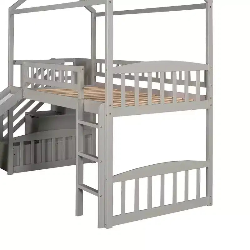 Lit mezzanine jumeau avec toboggan et escalier, lit mezzanine avec tiroirs de rangement, lit mezzanine cabane en bois pour enfants et tout-petits