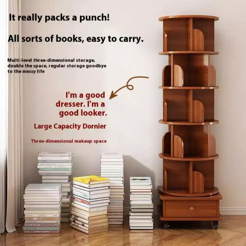 Chic Crate 6-Tier 360 Rotating Corner Bookshelf with Wheels, Narrow Bookcase for Small Spaces  Walnut Brown