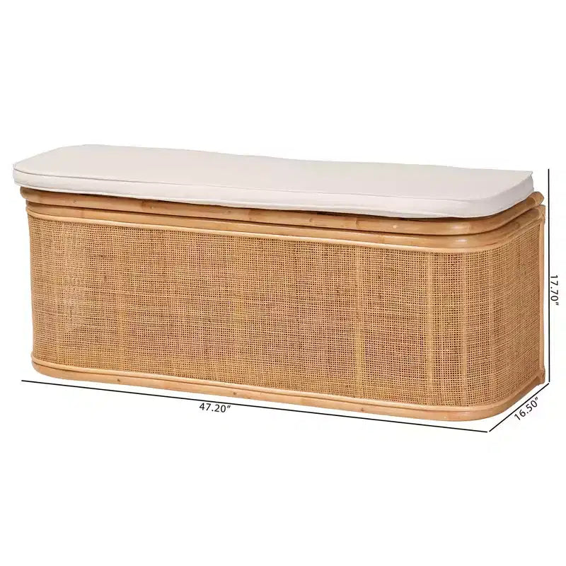 bali & pari Ishana Natural Rattan Storage Bench Natural/White: Upholstered Polyester, Plywood Frame, No Assembly Required