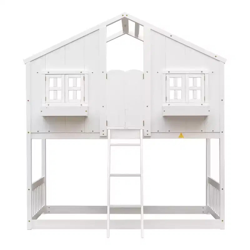 Twin Size House-Shaped Loft Bed, Wood Playhouse Loft Bed with Ladder & Guardrails for Kids