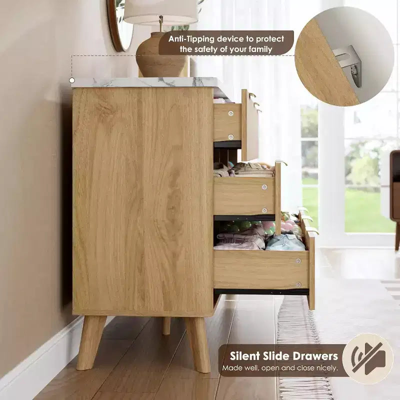 9 Drawers Fluted Dresser, Modern Chest, Wooden Dresser TV Stand, Curved Profile Design, for Living Room, Hallway